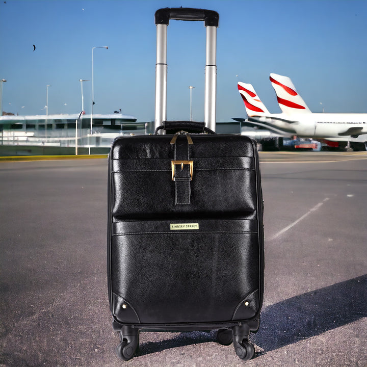 Black Leather Trolley Bag Airport Cabin Bag Leather Weekender Leather Luggage with Wheels Gift For Him