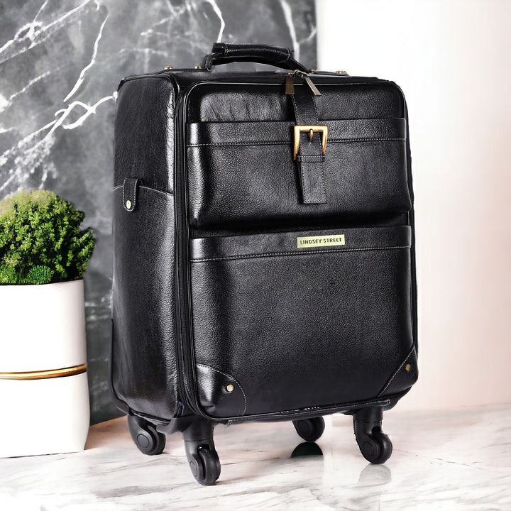 Black Leather Trolley Bag Airport Cabin Bag Leather Weekender Leather Luggage with Wheels Gift For Him