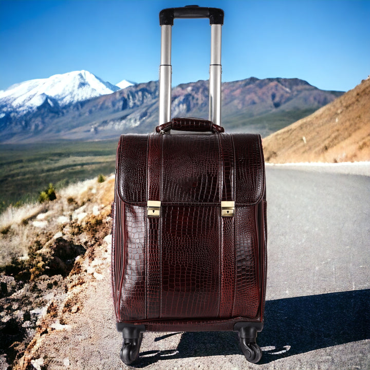 Brown Leather Trolley Bag for Flight Leather Weekender Leather Luggage with Wheels