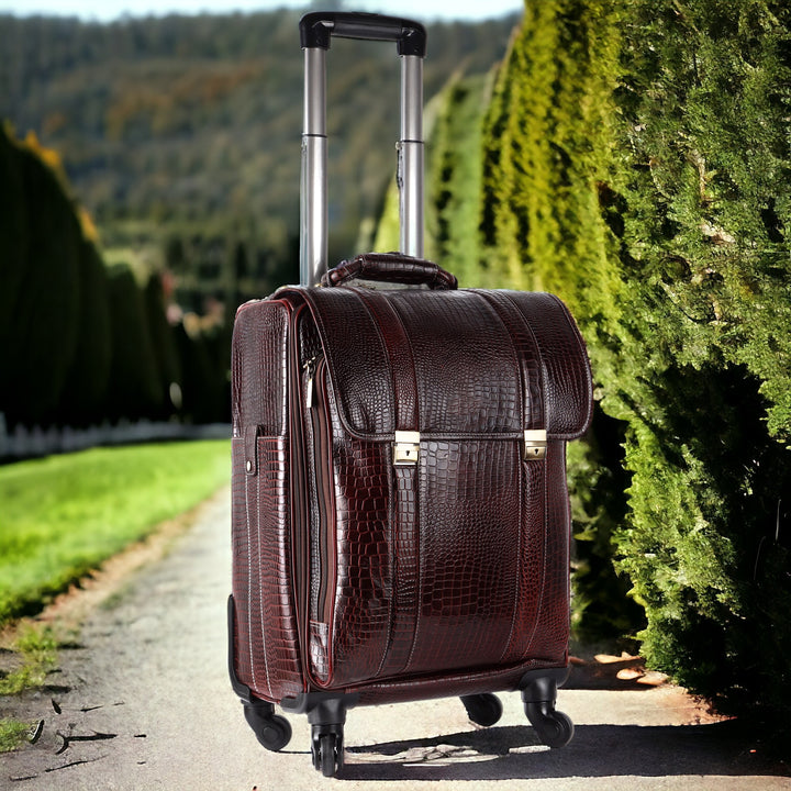 Brown Leather Trolley Bag for Flight Leather Weekender Leather Luggage with Wheels