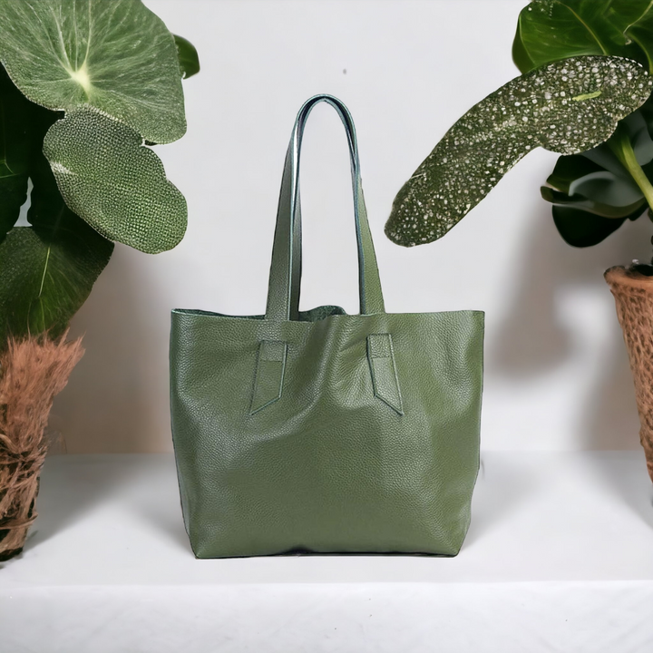 Green Leather Tote Bag Naked Edge Leather Purse Shopper Bag Shoulder Womens Large Market Bag Unlined Leather Tote Travelling Tote bag