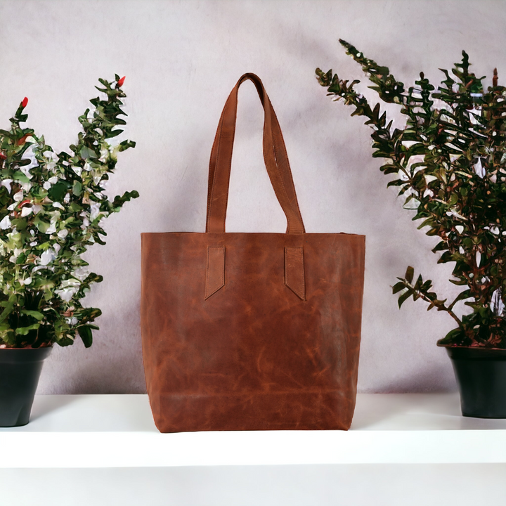 Cognac Brown Distress Leather Tote Bag for Women Raw Edge Shopper Purse Extra Large Leather Shoulder Bag Large Marketing Bag Everyday Tote