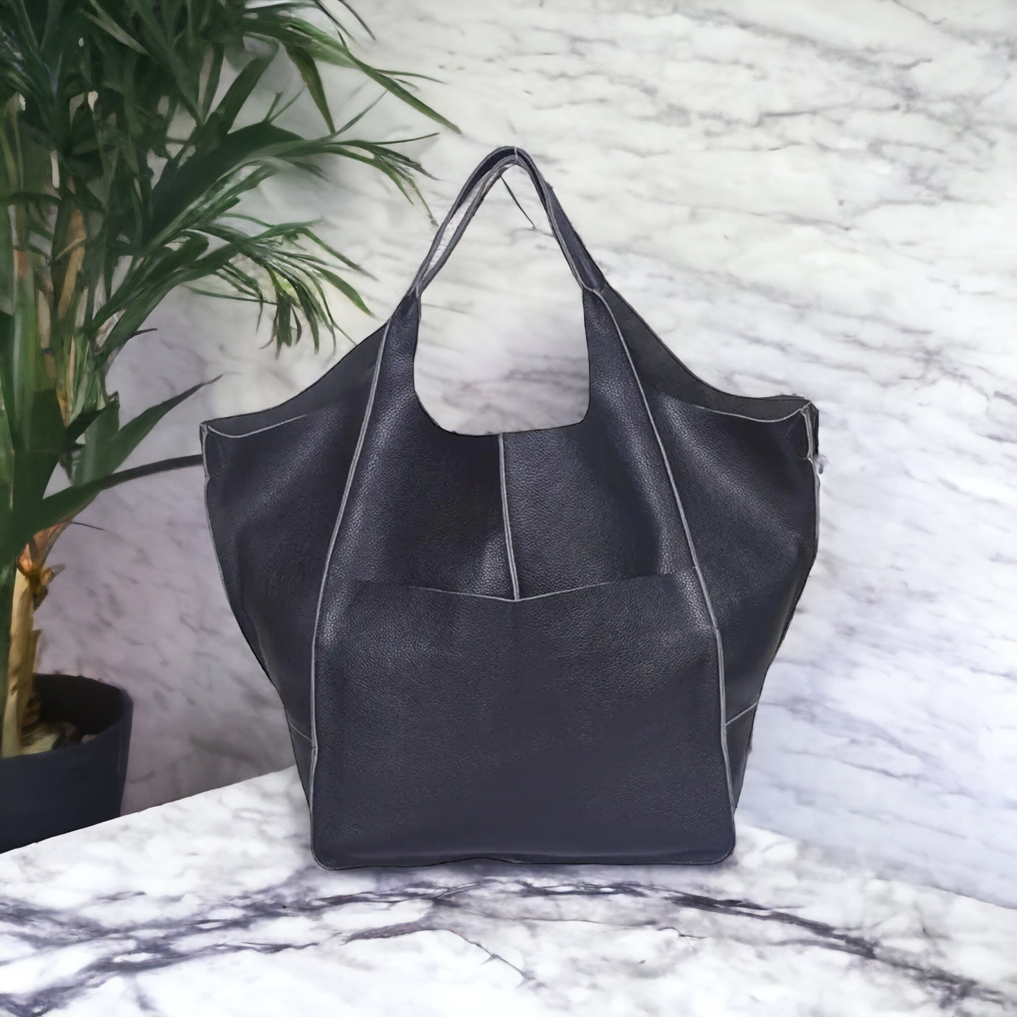 BLACK Oversize Shoulder Bag LEATHER HOBO Bag Everyday 