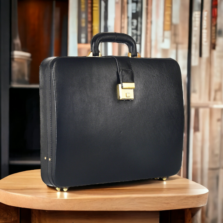 Genuine Leather Attache Briefcase for Men's Office Handbag Doctor Briefcase Leather Laptop MacBook Carry Case (Black)