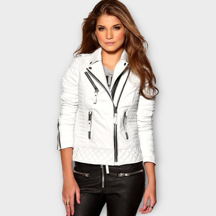 Lambskin Leather Bomber Jacket For Women Quilted Leather Jacket White Leather Biker Jacket For Girls Gift for Women