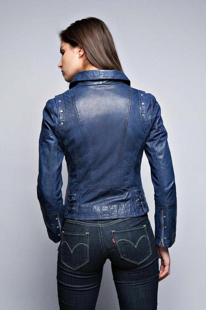 LINDSEY STREET Women's Lambskin Leather Ladies Jacket Biker Motorcycle Slim Fit Blue Jacket for Girls Gift for Her