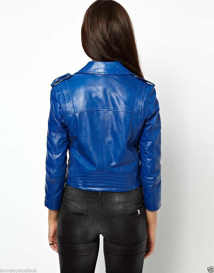 LINDSEY STREET Women's Lambskin Leather Ladies Jacket Biker Motorcycle Slim Fit Blue Jacket for Girls Gift for Her Birthday Gift