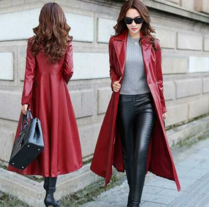 LINDSEY STREET Midi Coat Women, Leather Coat Women, Leather Trench Coat, Coat With Pockets, RED Leather Coat