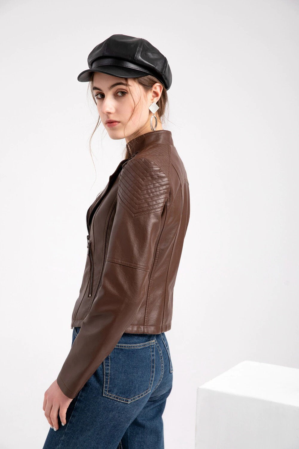 Slim Fit Brown Women Biker Leather Jacket