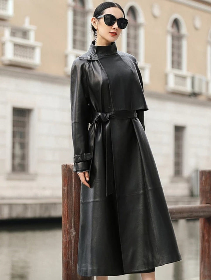 Black Leather Midi Coat for Women Handmade Stylish Trench Coat Lambskin Leather Trench Coat Long Leather Coat Leather Trench Overcoat